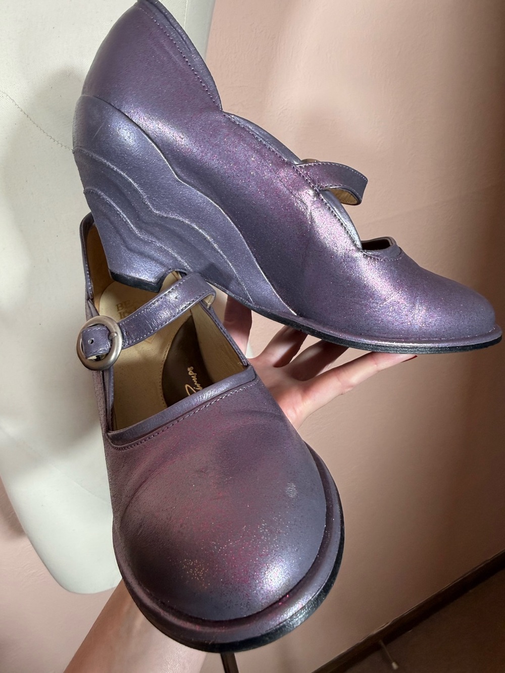 John Fluevog art deco metallic purple leather Mary Jane high wedge heel shoe 9